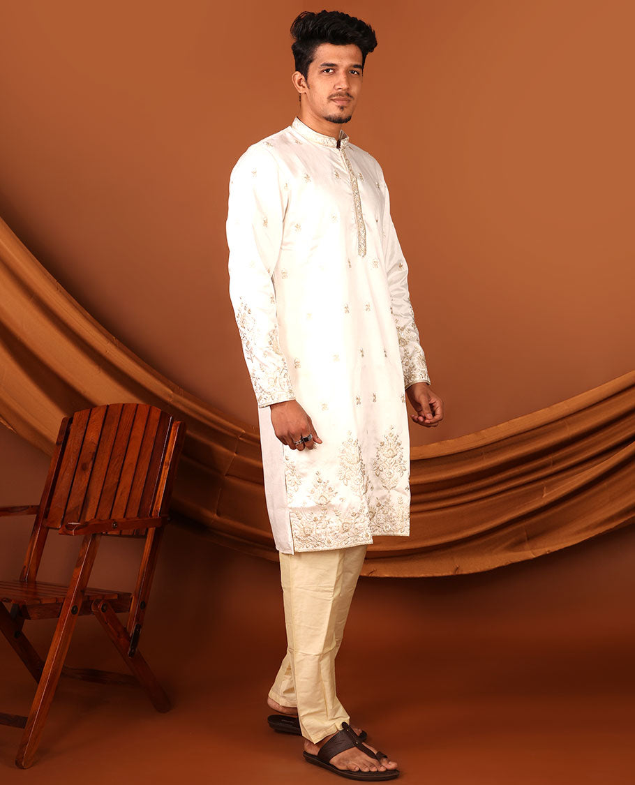 Enthralling White Floral-Themed Mixed Embroidered Full-Sleeved Men's Kurta Set