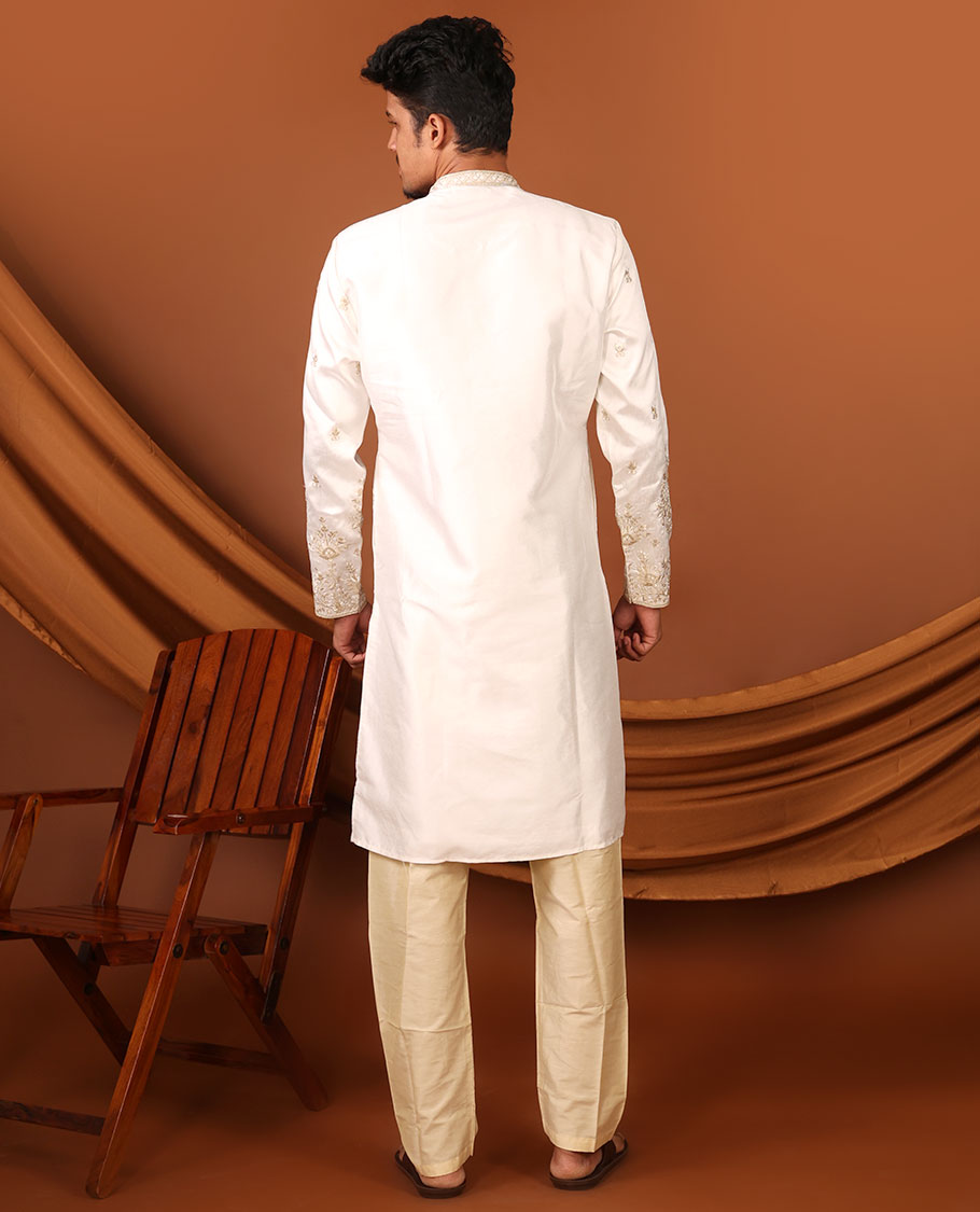 Enthralling White Floral-Themed Mixed Embroidered Full-Sleeved Men's Kurta Set