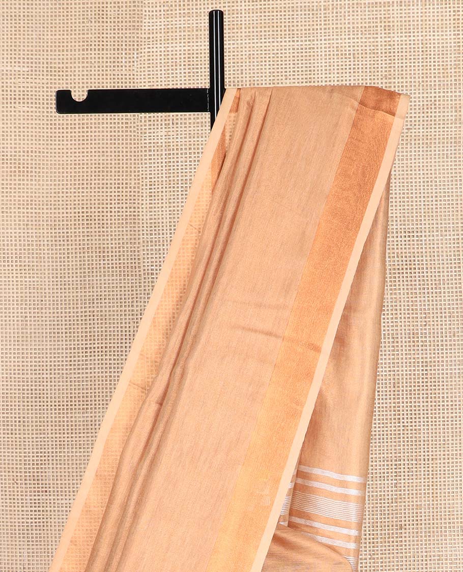 Sandal plain design linen cotton saree, bavanji zari border, and striped pallu