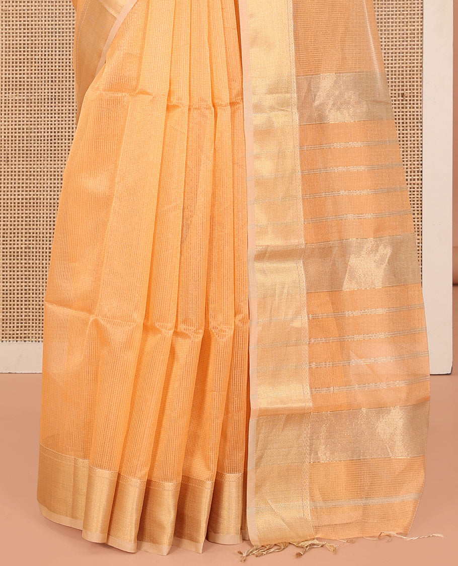 Orange Maheshwari Cotton Saree, Sparsely Woven with Stripes All Over Its Body, Complemented by Contrast Zari Bavanji Border, Pallu of Zari Stripes, and Paired with a Contrast Blouse