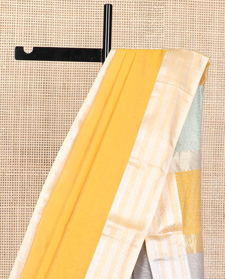 Yellow maheshwari cotton saree with contrast floral zari design border & striped pallu