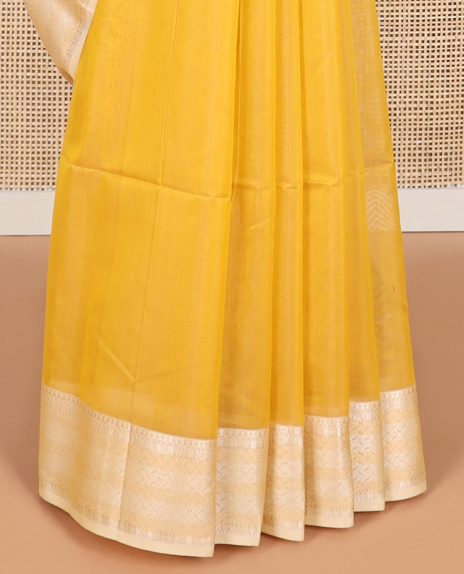 Yellow maheshwari cotton saree with contrast floral zari design border & striped pallu