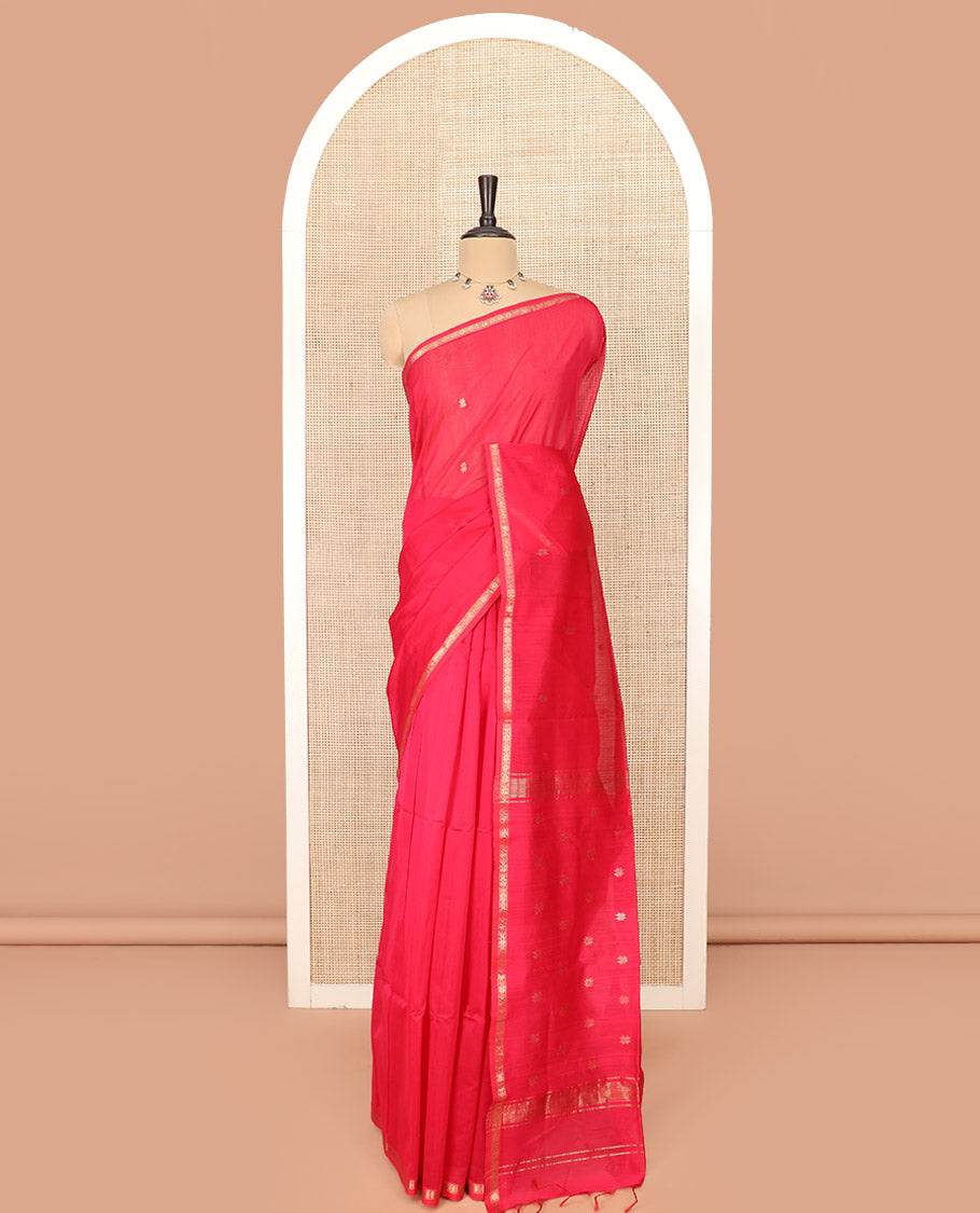 Red Maheshwari Cotton Saree Embellished with Zari Buttas, Highlighted with a Traditional Zari Piping Border, Pallu Decked Up with Zari Stripes and Floral Buttas, and Paired with a Matching Blouse