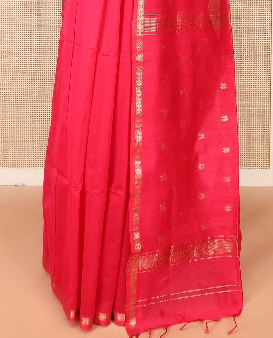 Red Maheshwari Cotton Saree Embellished with Zari Buttas, Highlighted with a Traditional Zari Piping Border, Pallu Decked Up with Zari Stripes and Floral Buttas, and Paired with a Matching Blouse