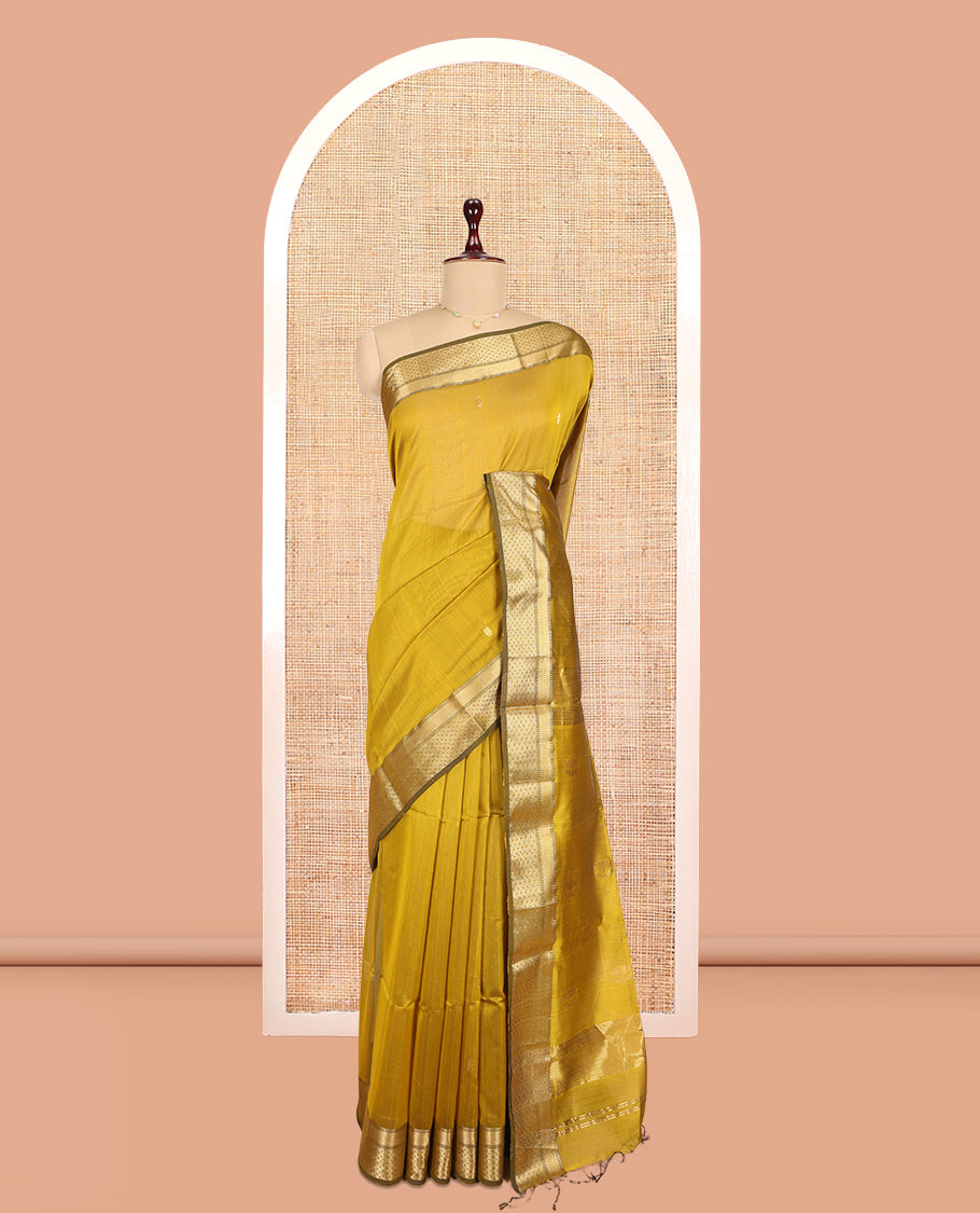 Yellow Maheshwari Cotton Saree, Bedecked with Zari Buttas, a Contrast Traditional Zari Border, Zari Striped Pallu, and a Matching Blouse