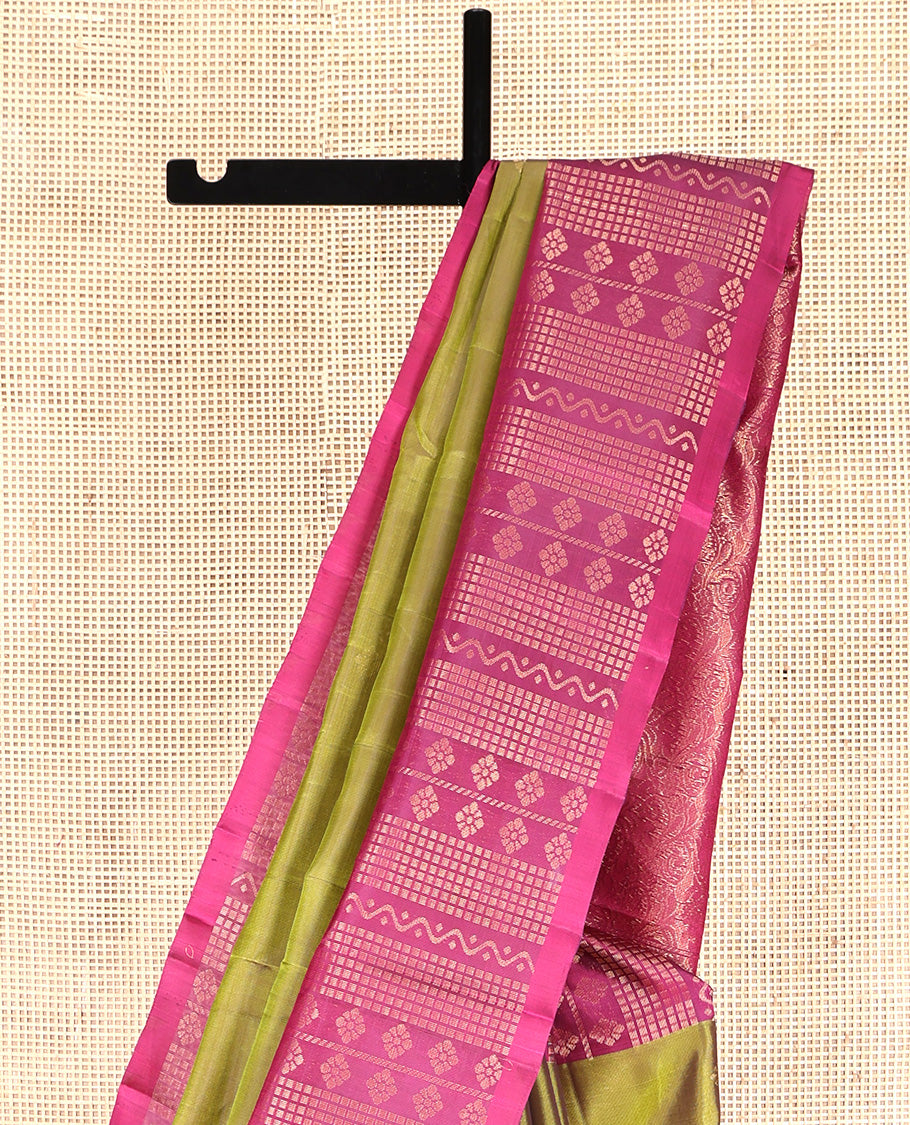 Green Mayuri Lite Silk Mix Saree, Graced with Zari Buttas All Over Its Body, Complemented by a Contrast Geometric Patterned Border, Grand Pallu, and Paired with a Contrast Blouse