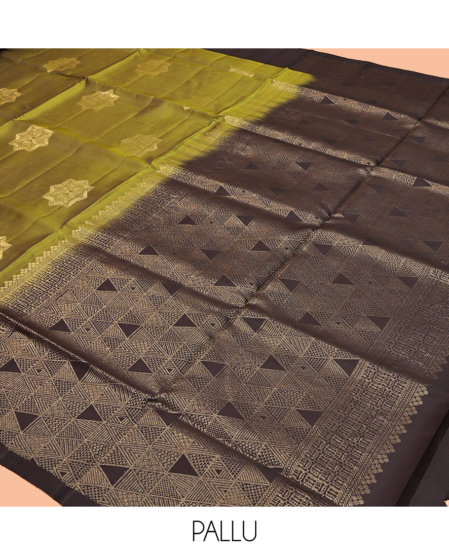 Black Mayuri Lite Silk Mix Saree, Subtly Woven with Zari Buttas, Complemented by Contrast Border, Pallu of Geometric Patterns and a Contrast Blouse