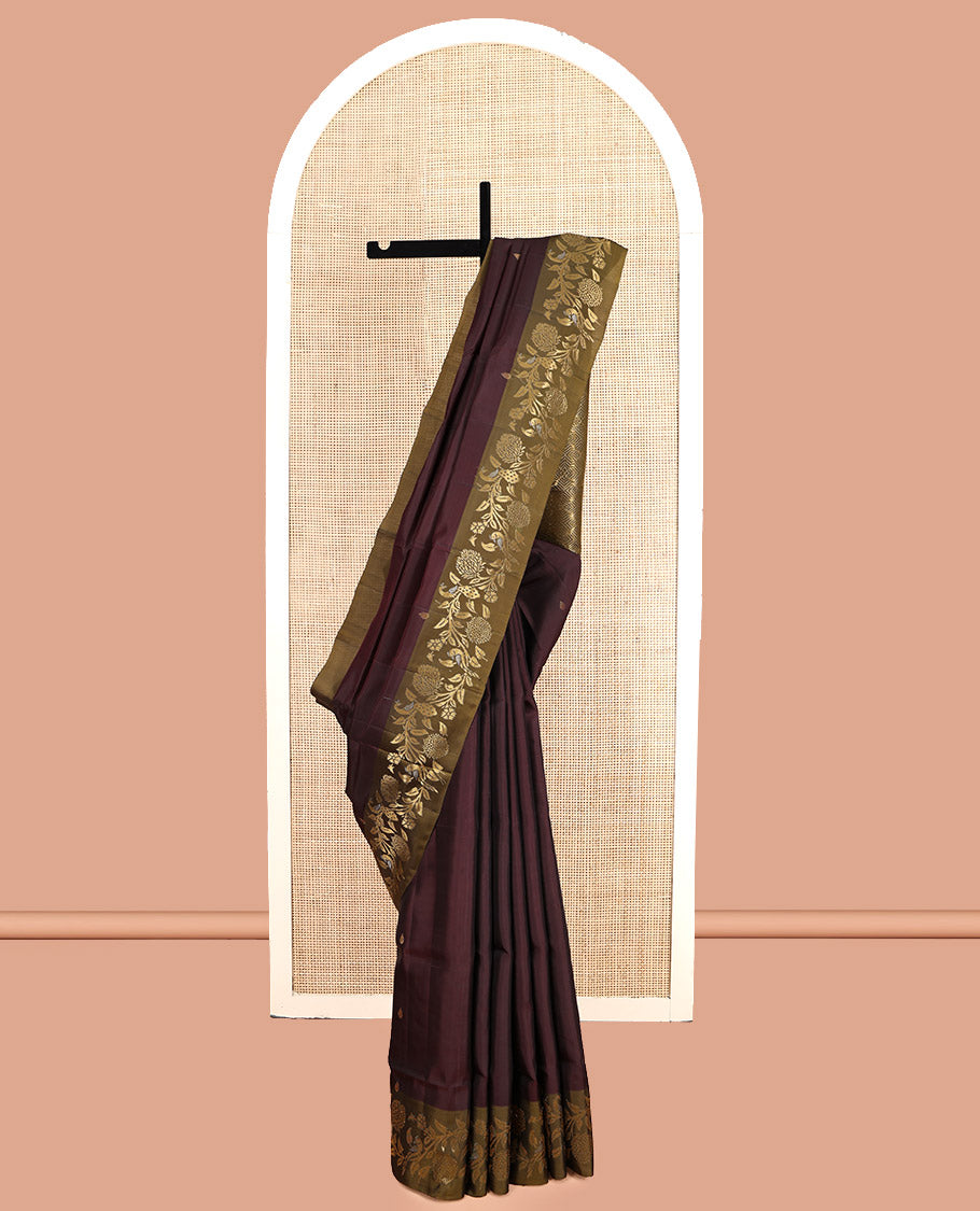 Maroon Mayuri Soft Silk Saree Featuring Zari Buttas, Contrast Floral-Peacock Border, Grand Jaal Pallu, and Contrast Blouse