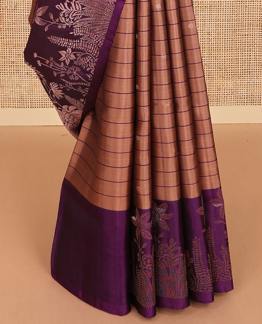 Brown striped, floral motifs mayuri soft silk saree with self floral designb order & intricate zari design pallu