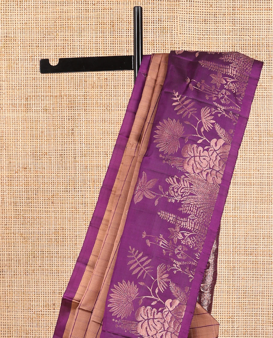 Brown striped, floral motifs mayuri soft silk saree with self floral designb order & intricate zari design pallu