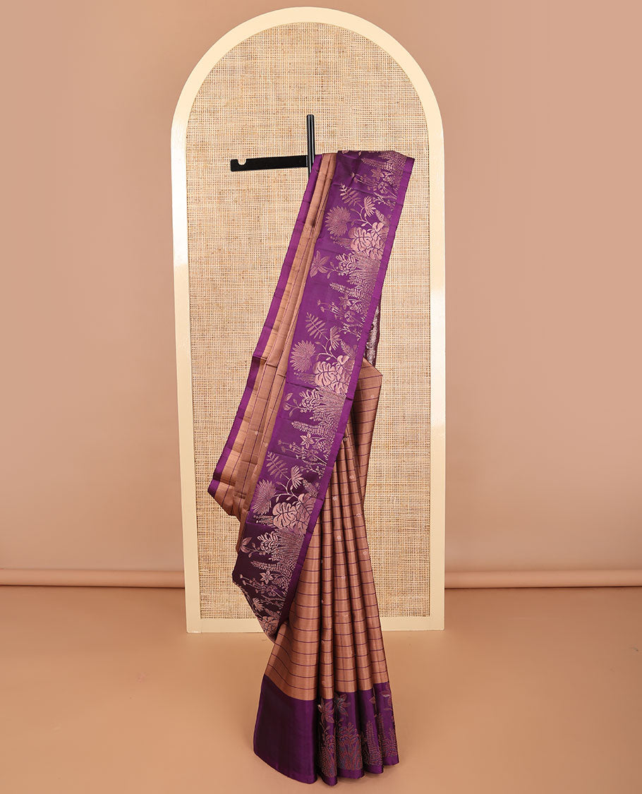 Brown striped, floral motifs mayuri soft silk saree with self floral designb order & intricate zari design pallu