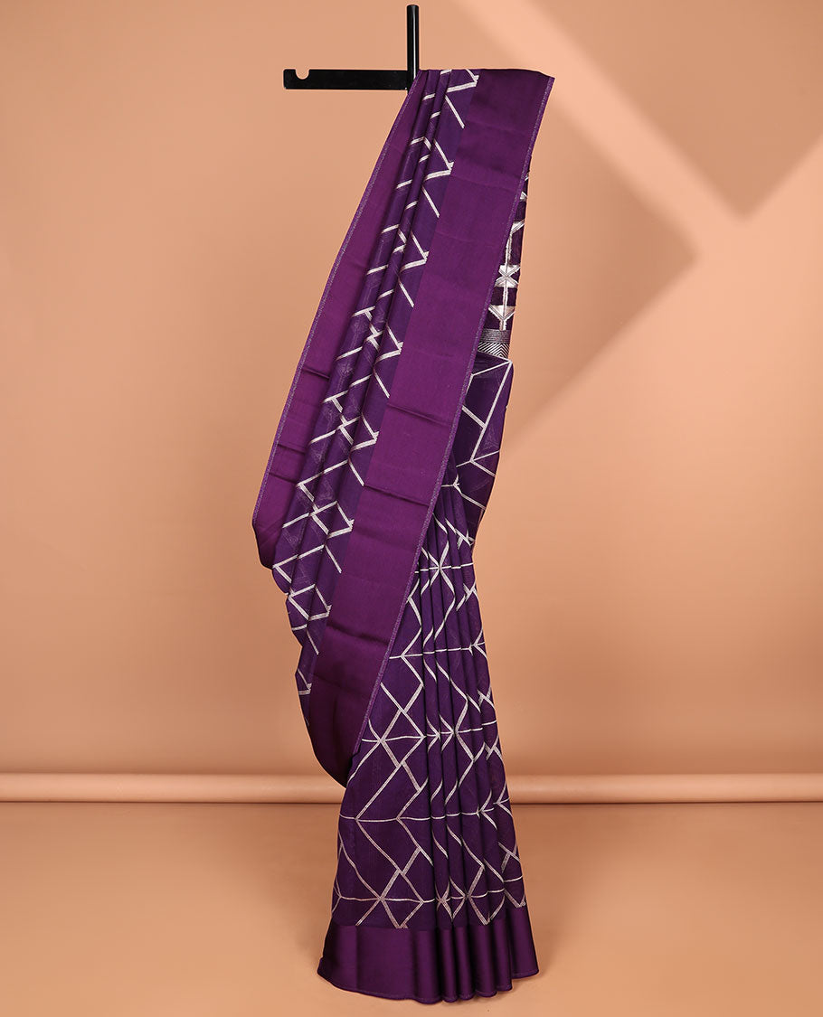 Violet geometric design mushru silk saree with self plain border & striped pallu
