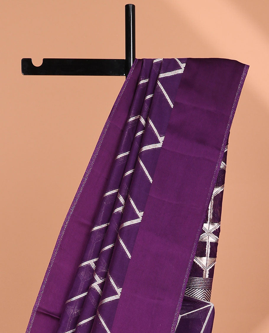 Violet geometric design mushru silk saree with self plain border & striped pallu