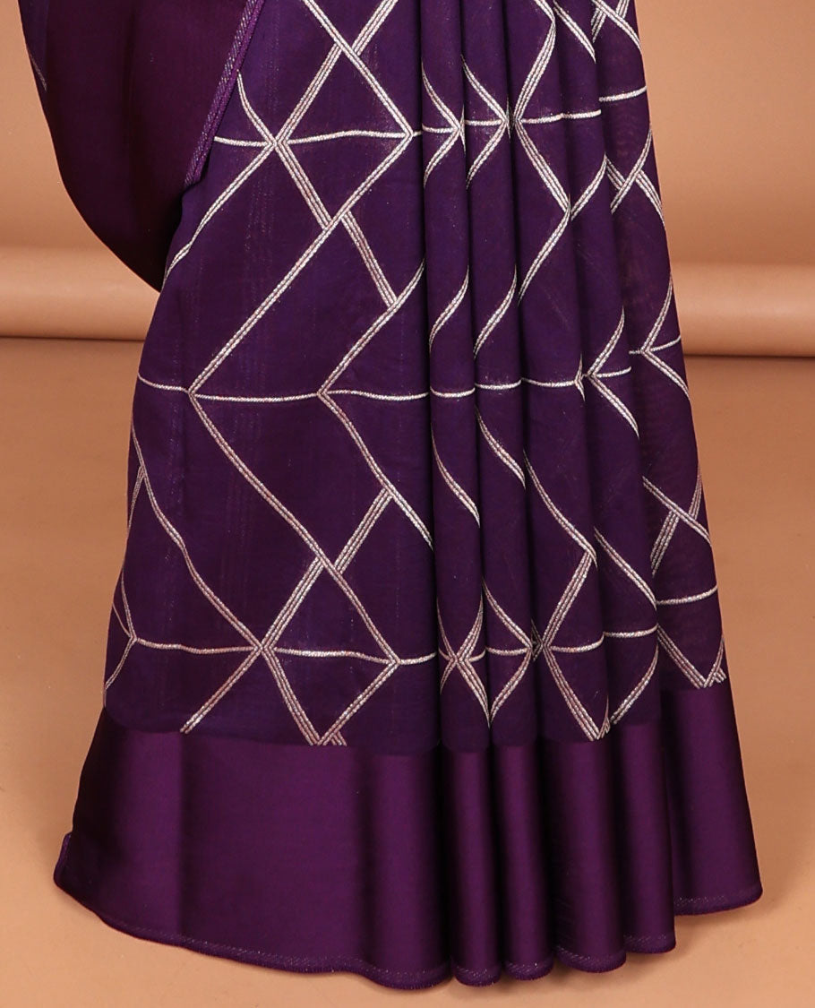 Violet geometric design mushru silk saree with self plain border & striped pallu