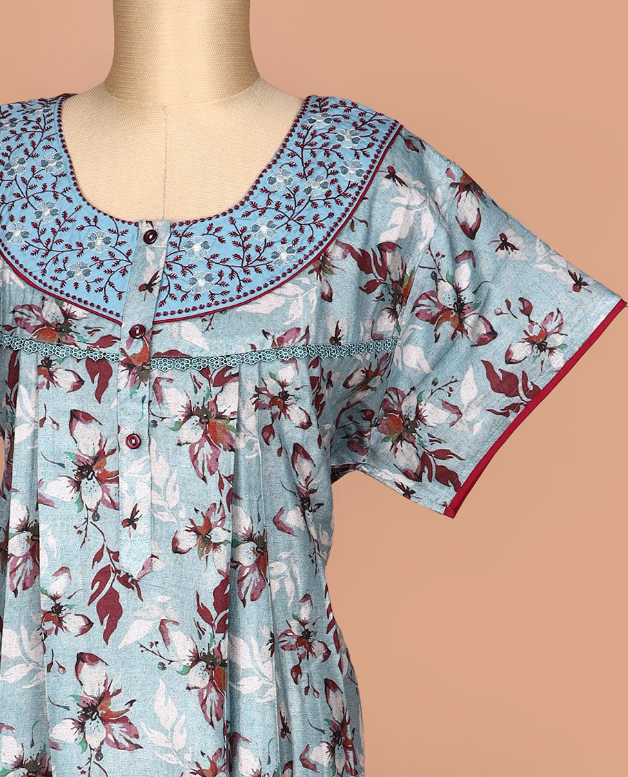 Blue floral printed with embroidered round neck half-sleeve cotton nighty