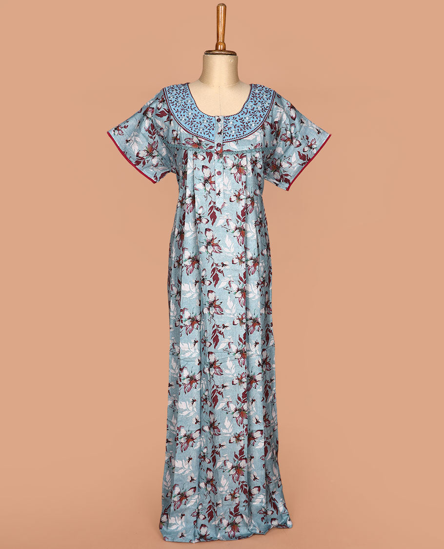 Blue floral printed with embroidered round neck half-sleeve cotton nighty