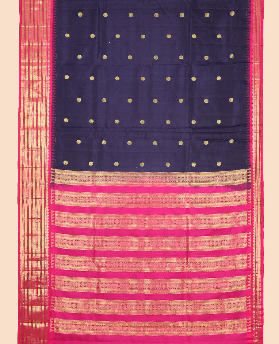 Dark blue floral buttas nine yards silk saree with contrast traditional zari design border & intricate zari design pallu
