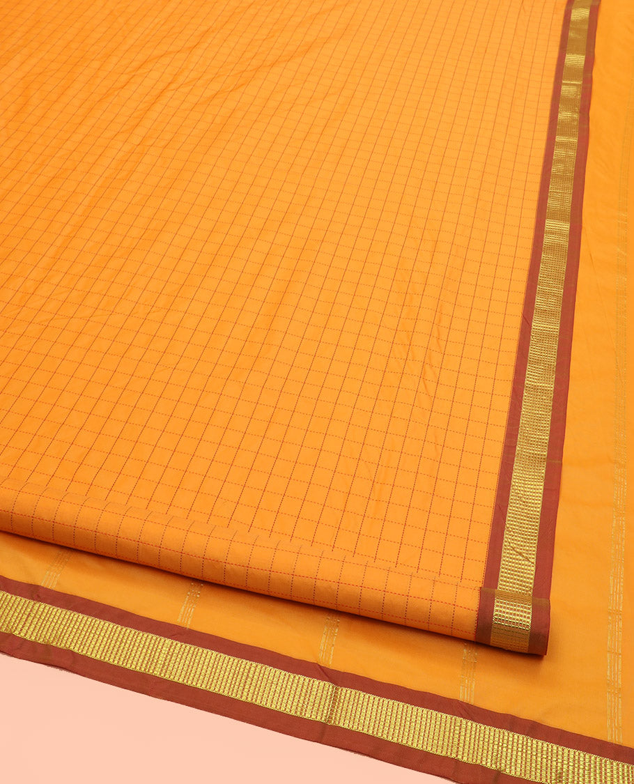 Orange Checked Ten Yard Art Silk Saree, Complemented by a Contrast Traditional Zari Border, and Pallu Steeped with Stripes