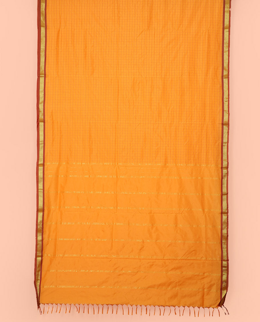 Orange Checked Ten Yard Art Silk Saree, Complemented by a Contrast Traditional Zari Border, and Pallu Steeped with Stripes