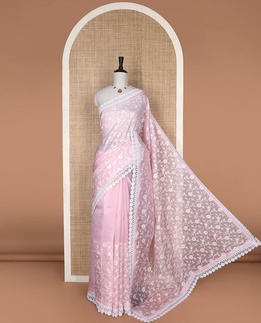 Light pink floral thread embroidery organza saree with lace border
