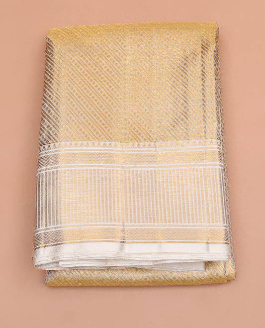 Cream golden zari  jacquard design pure silk double-layer dhoti with border of rekku,banaras,kuyil kann & zari stripes