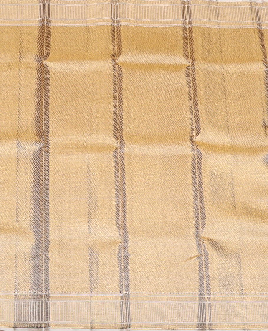 Cream golden zari jacquard design pure silk double-layer dhoti with border of rekku,banaras,kuyil kann & zari stripes
