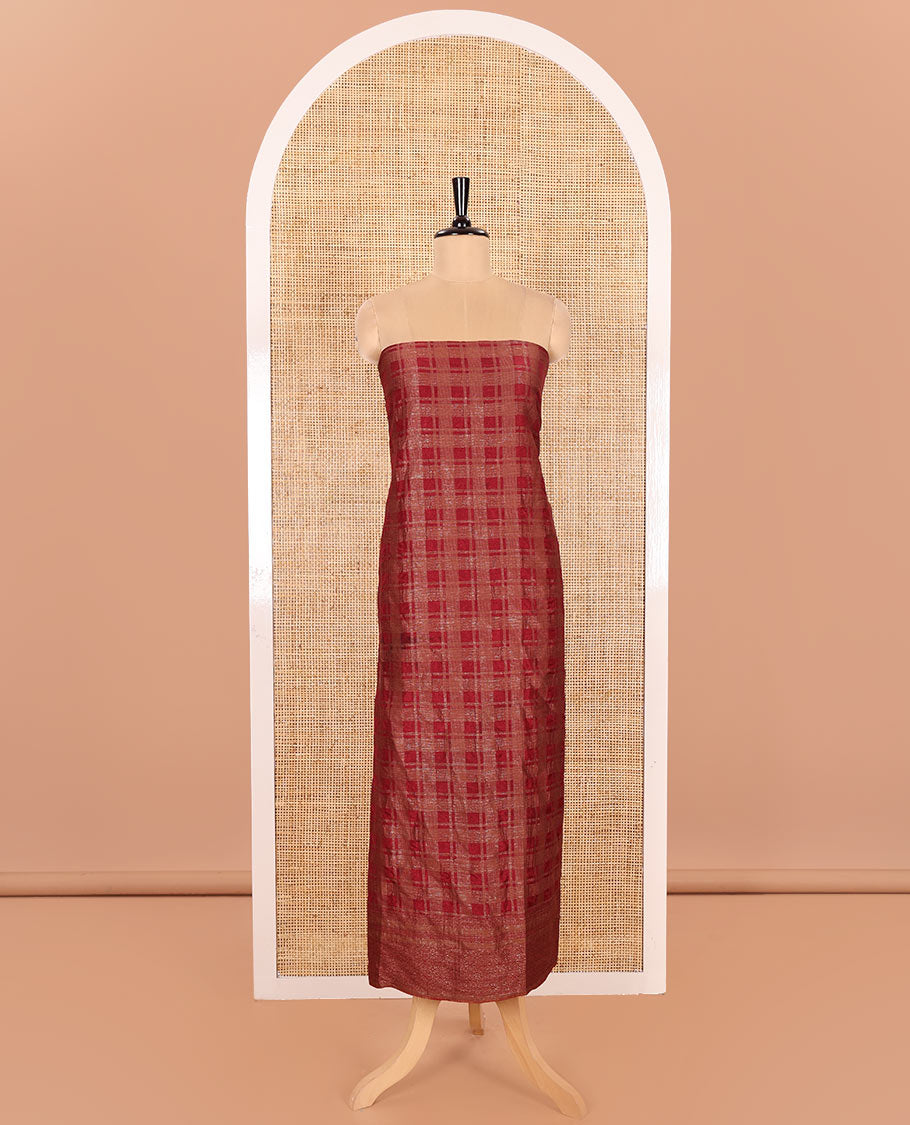 Red Material Chudidar Set Adorned with Copper Zari Checks Semi-Modal Silk Top, Subtly Made Plain Santoon Bottom, and a Semi-Modal Dupatta Featuring Polka Dots in Zari