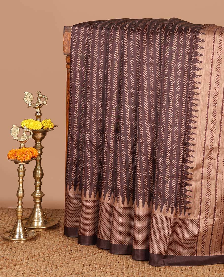 Brown hand block printed semi tussar saree with temple printed border & printed pallu along with printed blouse