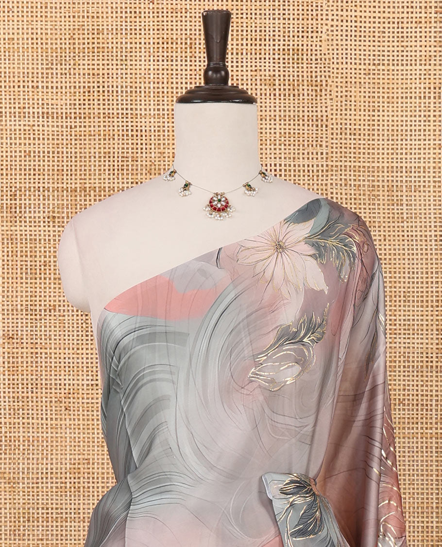 Borderless onion pink abstract-style floral digital print with golden foil print satin silksaree, digital printed blouse
