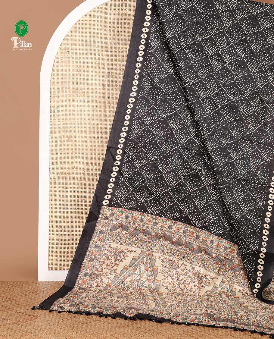 Black Bandhani-style printed khadi cotton saree, printed border & colorful madhubani-style printed pallu