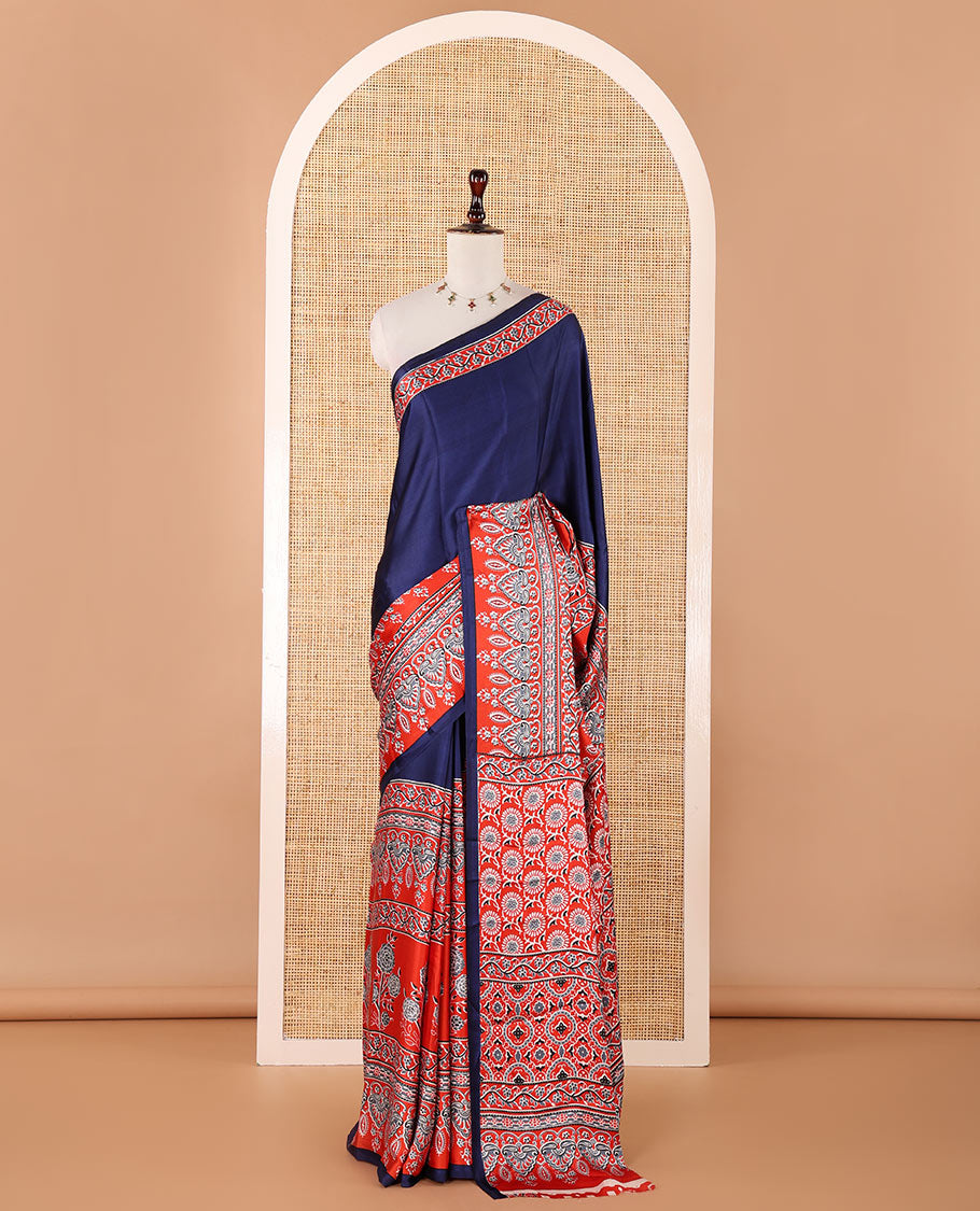 Blue half-plain & half-printed gajji silk saree, contrast red border & pallu of ajrakh-print with printed blouse