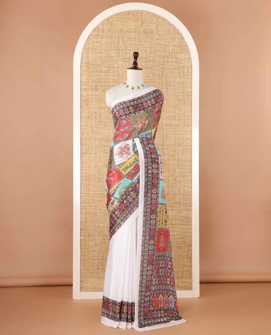 White half-&-half style geometric print & mirror embroidery masakali saree,self-border & pallu of print & mirror work,plain blouse