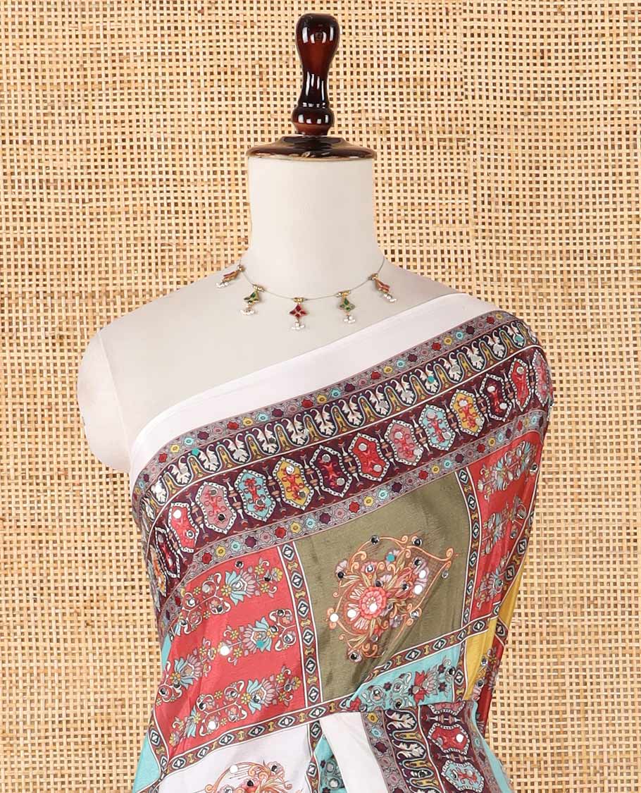 White half-&-half style geometric print & mirror embroidery masakali saree,self-border & pallu of print & mirror work,plain blouse