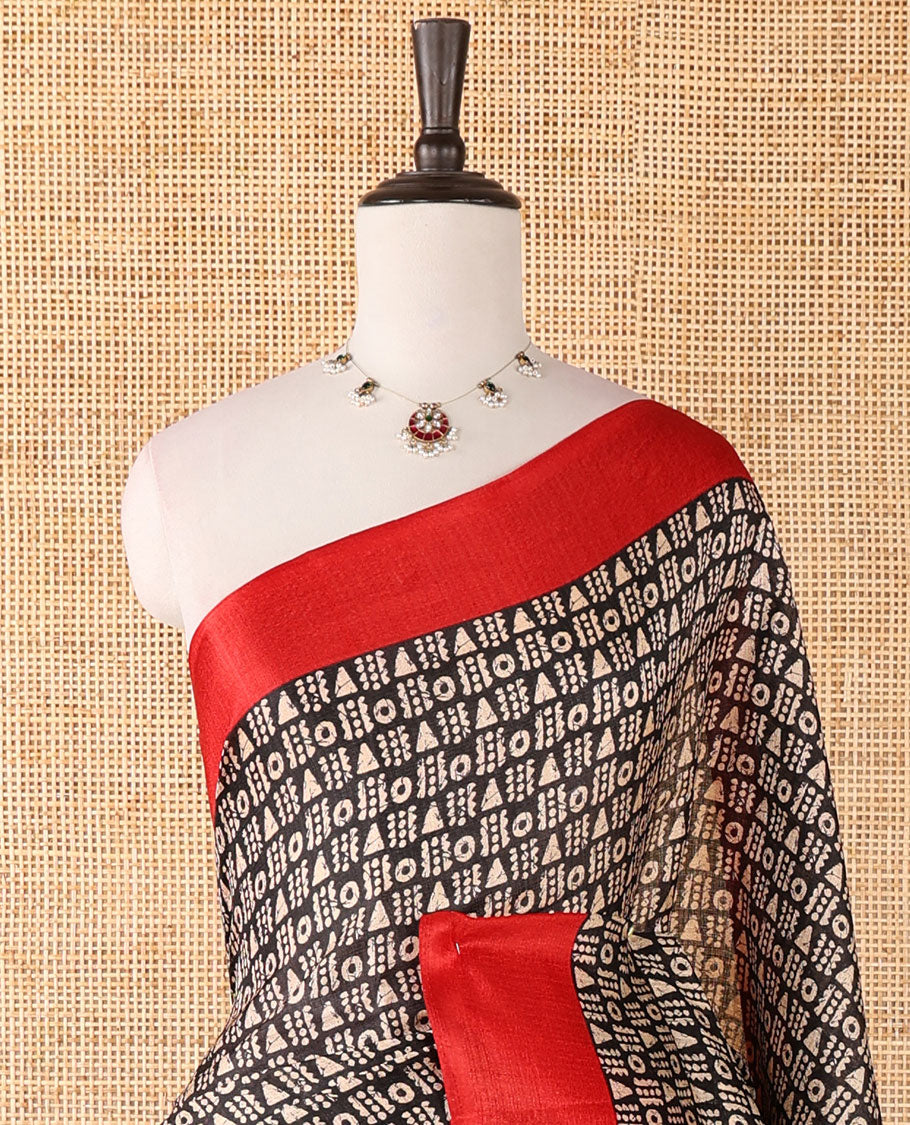 Maroon batik-style geometric motifs block printed khadi cotton saree,contrast border, batik floral print pallu & plain black blouse
