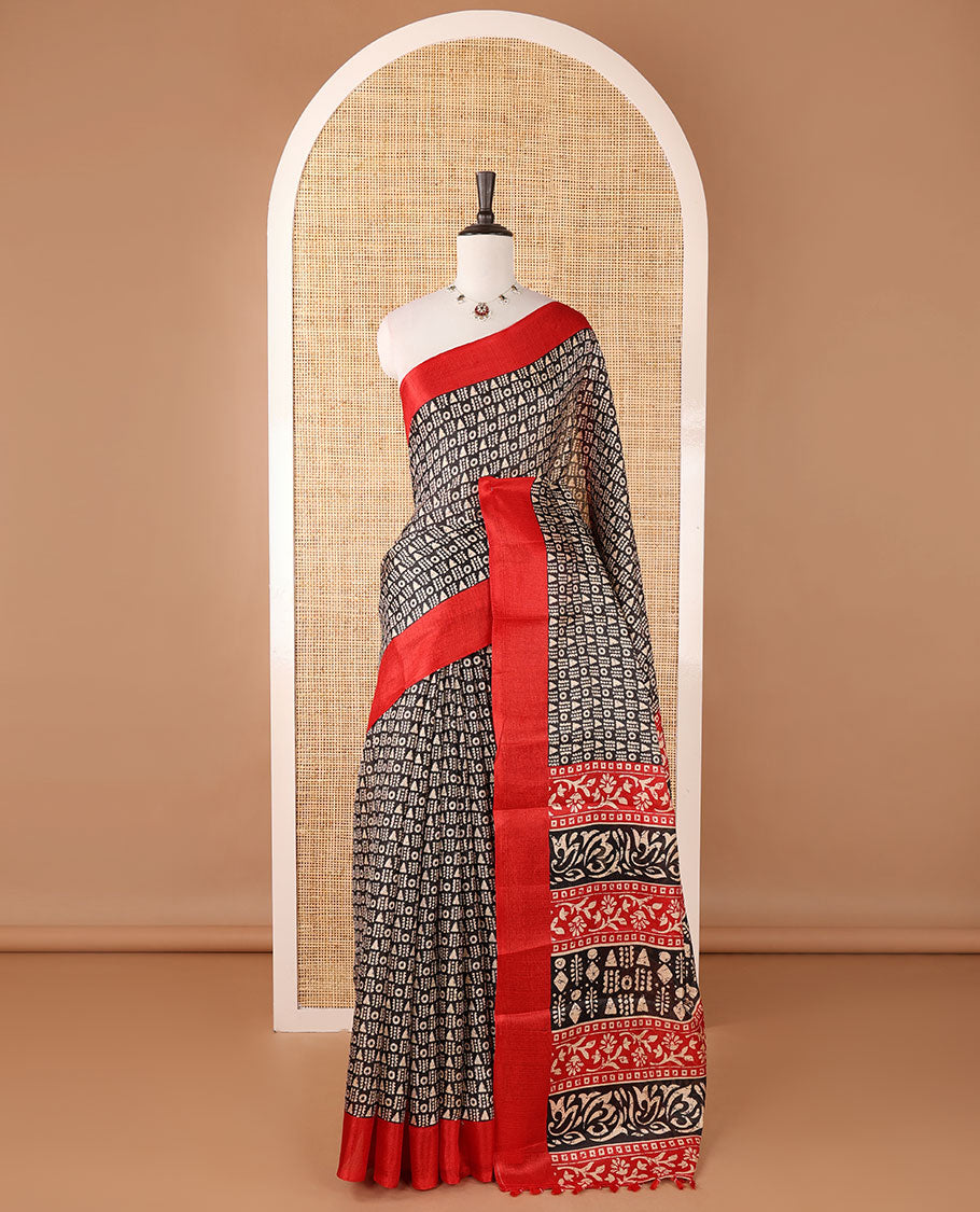 Maroon batik-style geometric motifs block printed khadi cotton saree,contrast border, batik floral print pallu & plain black blouse