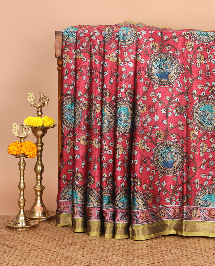 Cherry red kalamkari flora-fauna printed kadhi linen saree,contrast zari piping & floral print border,kalamkari peacock pallu & printed blouse