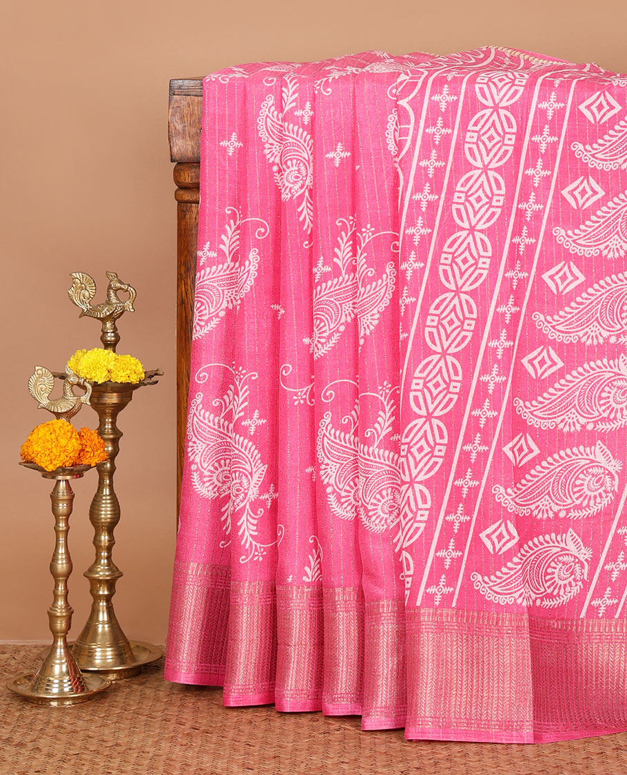Pink zari stripes & floral motifs printed dola silk saree, traditional zari border, printed pallu & small butta printed blouse
