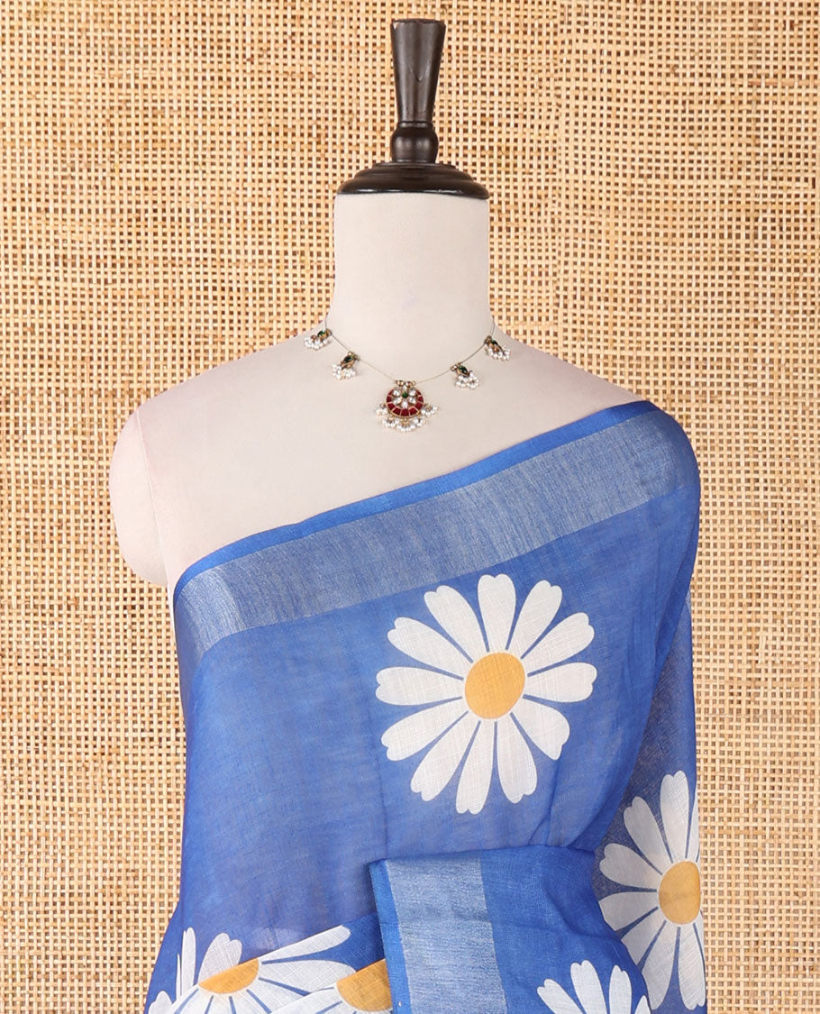 Ink blue sunflower motif printed linen saree, silver zari plain border & small sunflower motif print blouse