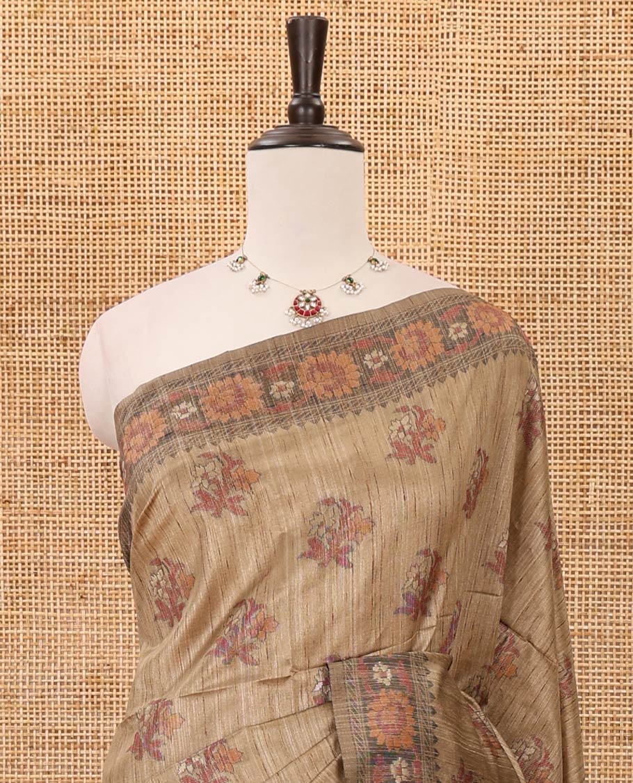 Chikku colorful thread floral buttas woven banarasi jute saree, floral design border, jamdhani-style woven pallu & plain blouse