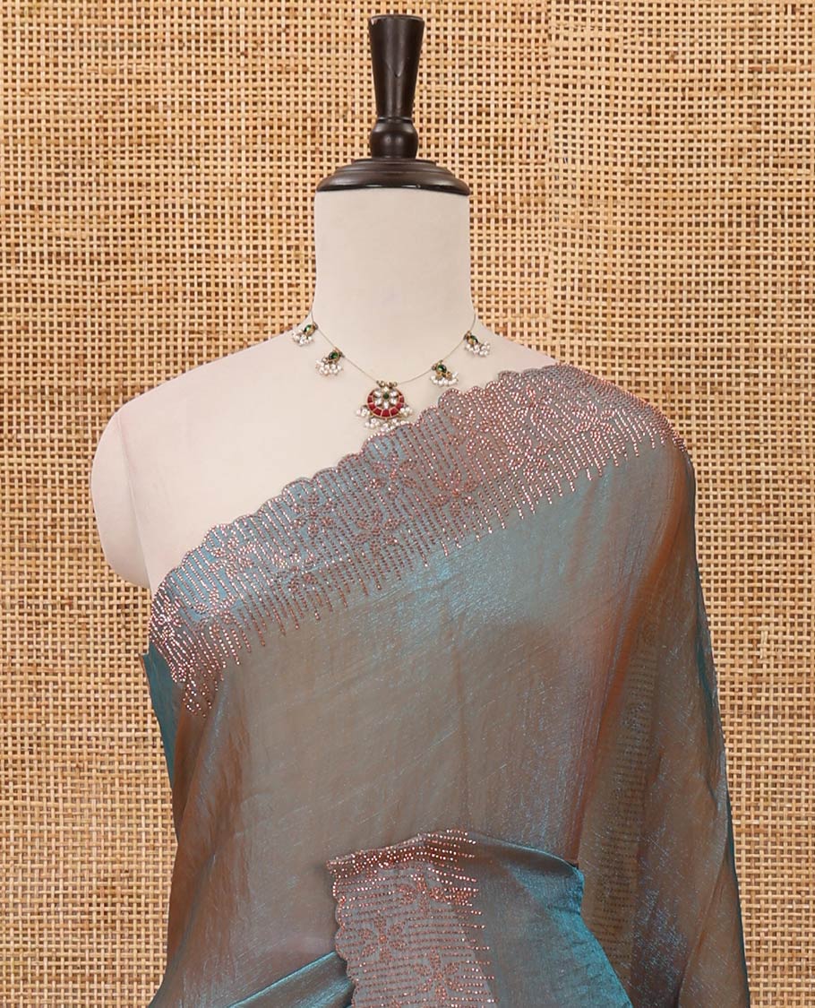 Ramar blue plain fendy-chiffon saree, scallop Swarovski copper stone work border & contrast Swarovski copper stonework blouse