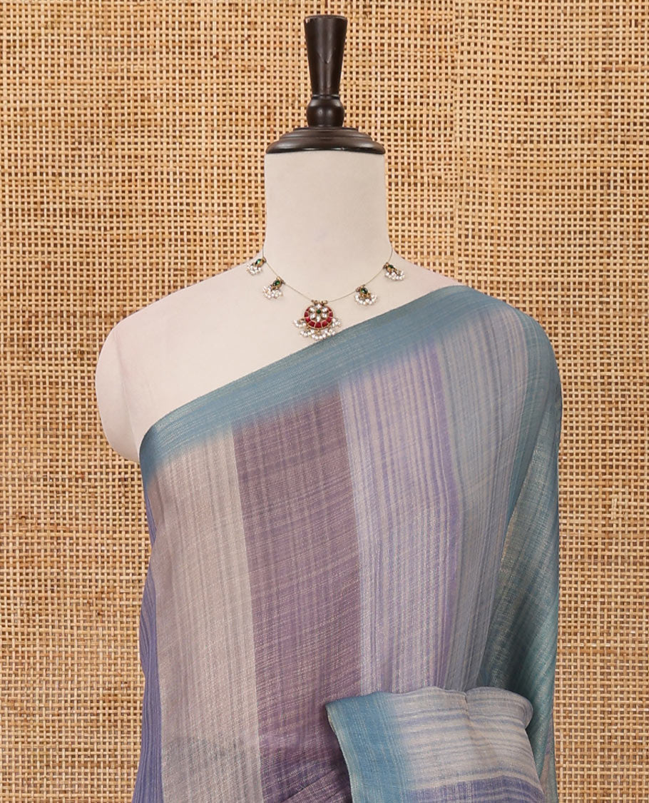 Grey rainbow-striped mercerised tissue saree, madhubani-style peacocks print pallu & kalamkari floral vine print pallu