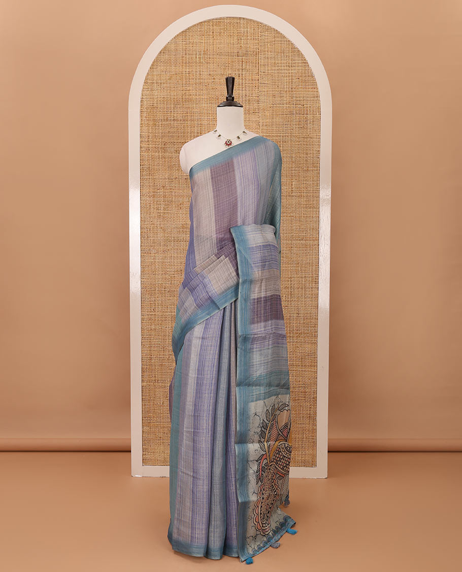 Grey rainbow-striped mercerised tissue saree, madhubani-style peacocks print pallu & kalamkari floral vine print pallu