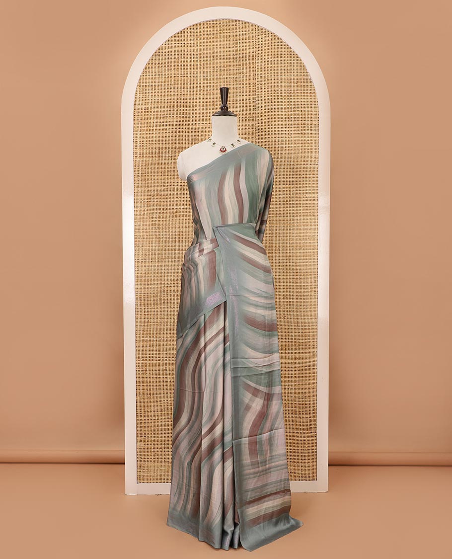 Blue ombre-color abstract-printed satin crepe saree, copper zari line weave border & matching jaal printed blouse