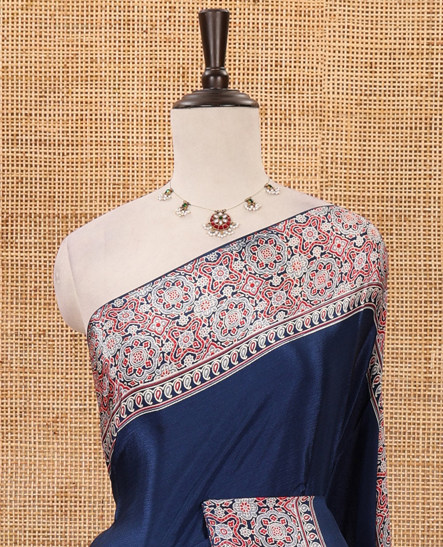 Navy blue plain design Turkey crepe saree, intricately Ajrakh-printed border, pallu & matching blouse