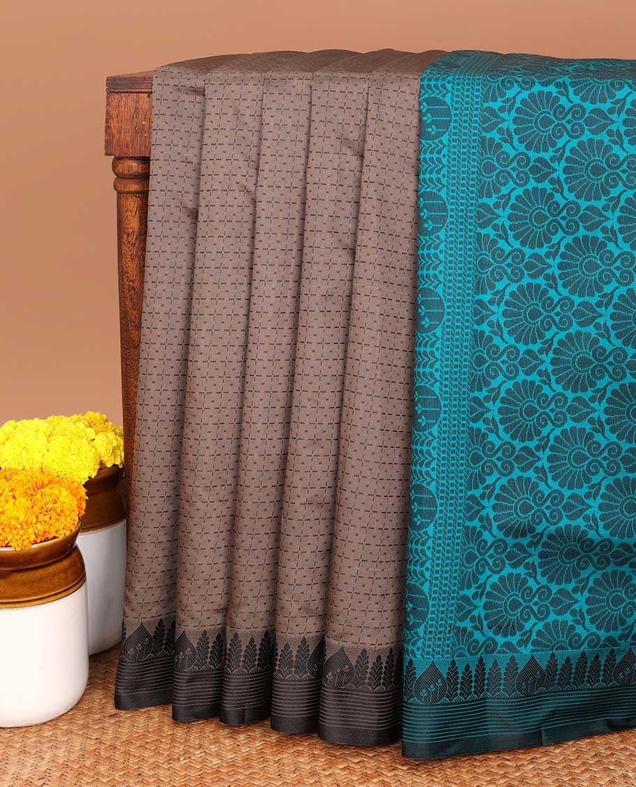 Dark grey geometric design silk saree with contrast striped,floral design border & intricate floral design pallu along with contrast blouse