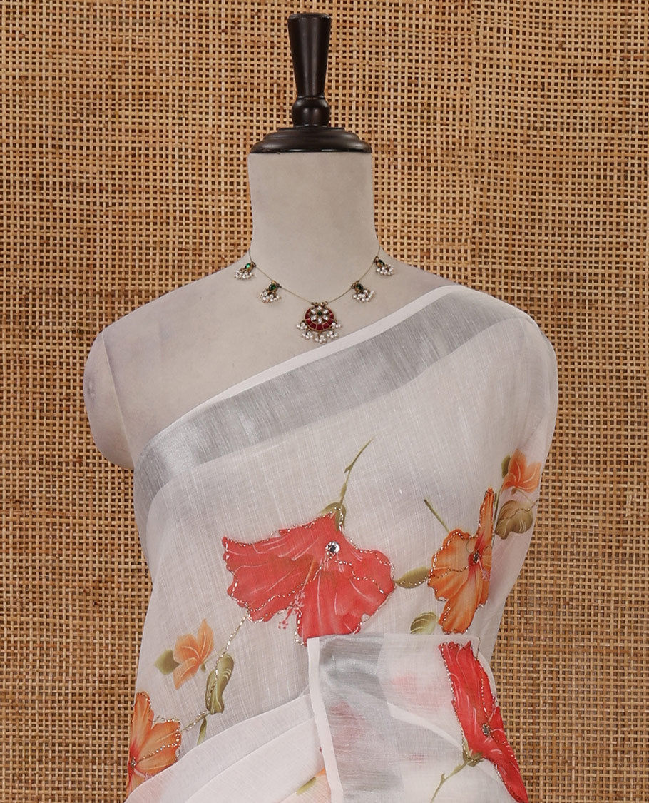White hibiscus motifs printed & embroidered linen saree, silver zari border, hibiscus motifs printed pallu & hibiscus printed blouse