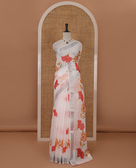 White hibiscus motifs printed & embroidered linen saree, silver zari border, hibiscus motifs printed pallu & hibiscus printed blouse