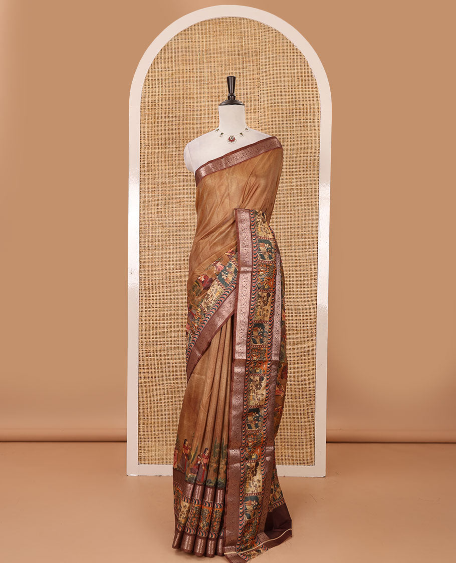 Mustard ancient human printed semi-tussar saree, traditional rettai pettu border of ancient human motifs print, printed pallu & running blouse
