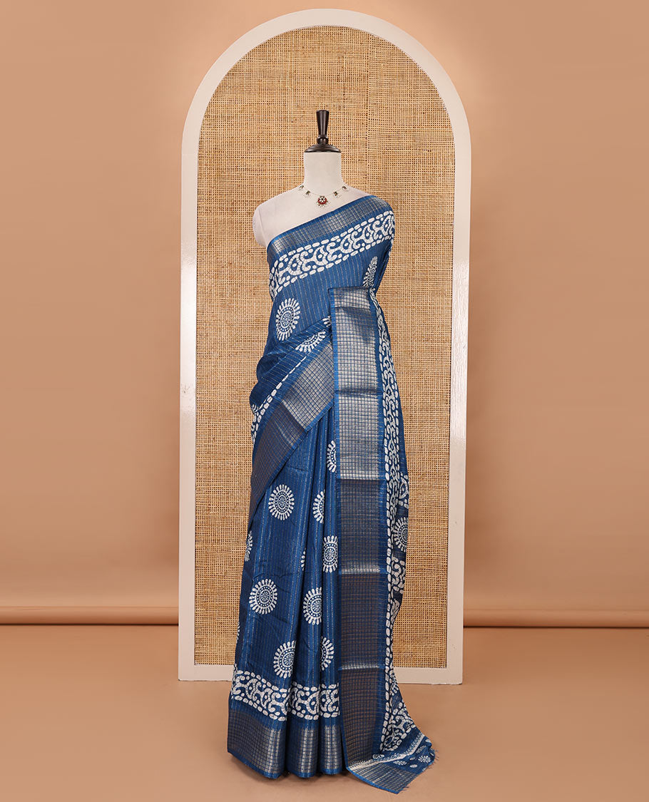 Blue golden zari striped & batik-printed dola silk saree, traditional zari border & batik printed pallu & matching batik printed blouse