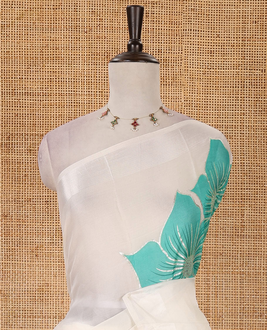 Cream floral placement-style printed Marble chiffon saree, zari border & contrast rama green gotta patti work & mixed embroidered blouse